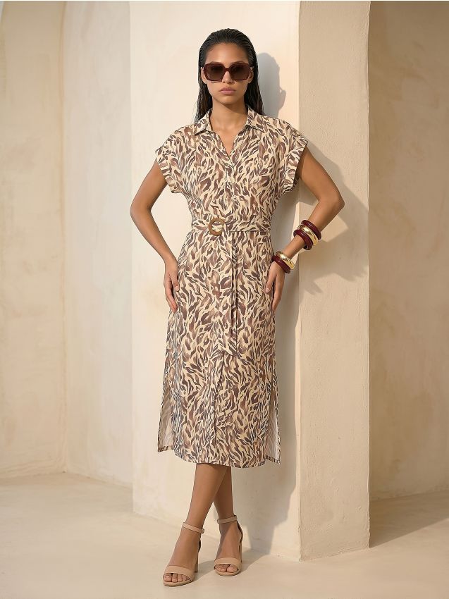 Sinsay - Rochie midi tip cămașă cu curea cu imprimeu animalier cu viscoză - multicolor