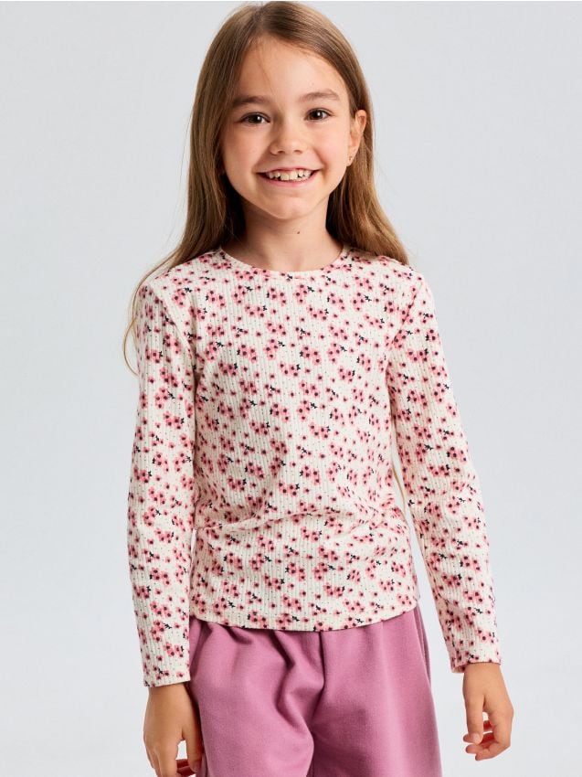 Sinsay - Tricou din bumbac cu mânecă lungă cu imprimeu floral - crem