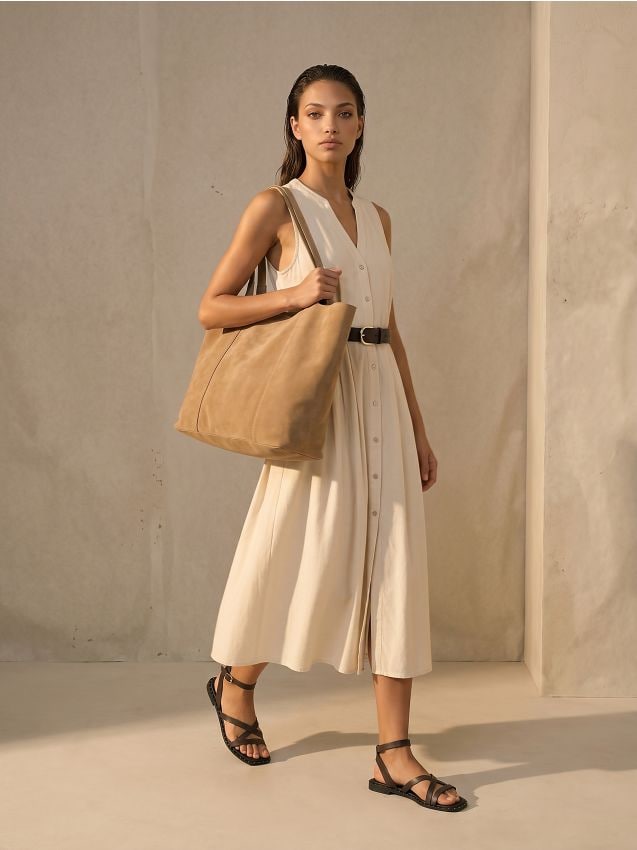 Abito midi stile camicia senza maniche con cintura - nude