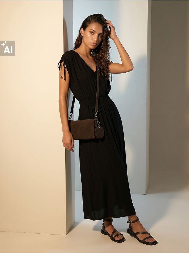 Sinsay - Rochie midi din vâscoză cu fronseuri și mărgele decorative - negru