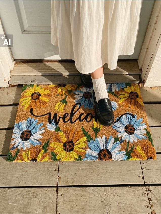 Sinsay - Covoraș de intrare cu flori și inscripția Welcome - multicolor