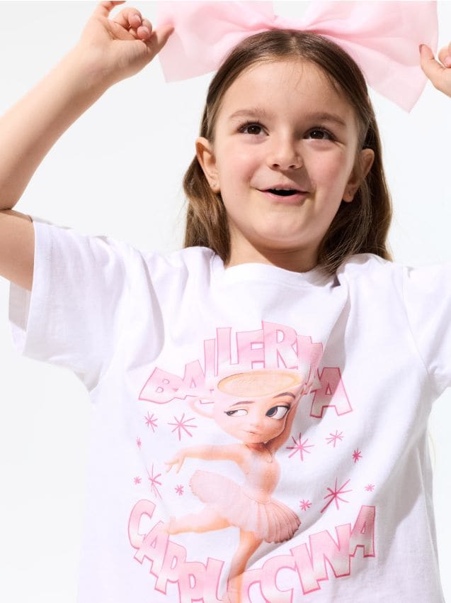 Sinsay - Tricou din bumbac cu imprimeu Italian Brainrot Ballerina Cappuccina - alb