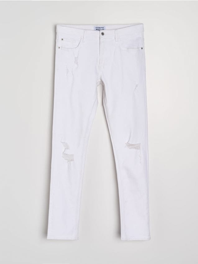 Sinsay - Jeansy slim fit z przetarciami - biały