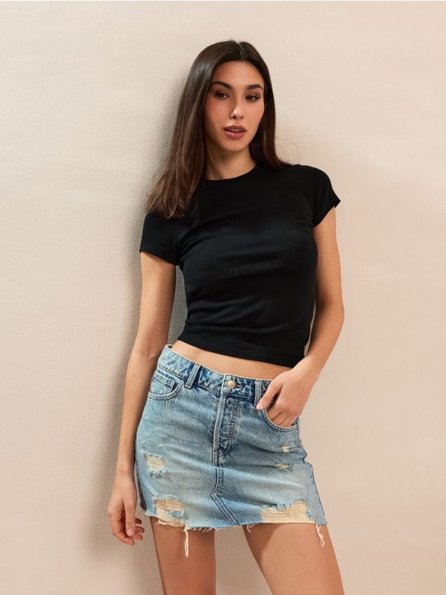 Sinsay - Fustă mini din denim cu efect de uzură - indigo jeans