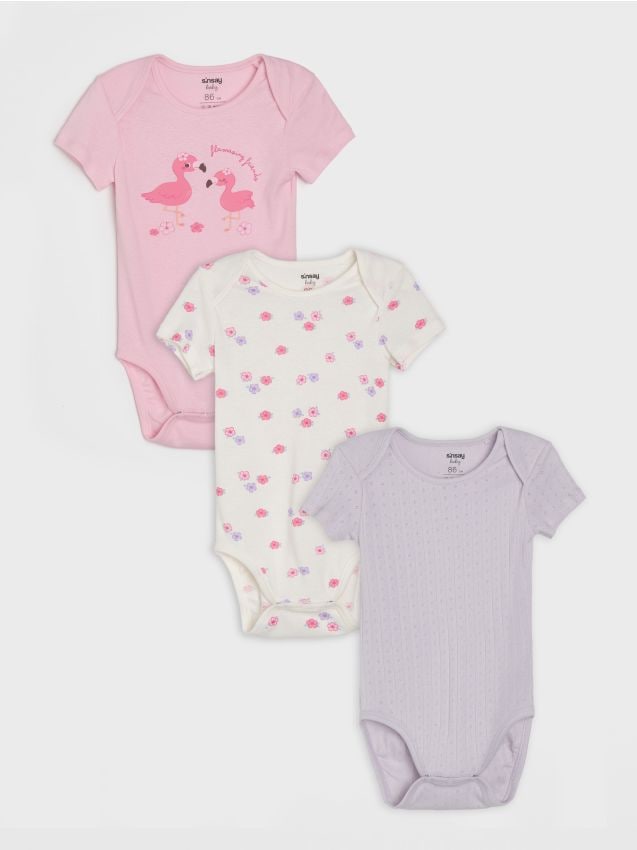 Sinsay - Set de 3 bodyuri din bumbac, cu imprimeu - roz-begonie