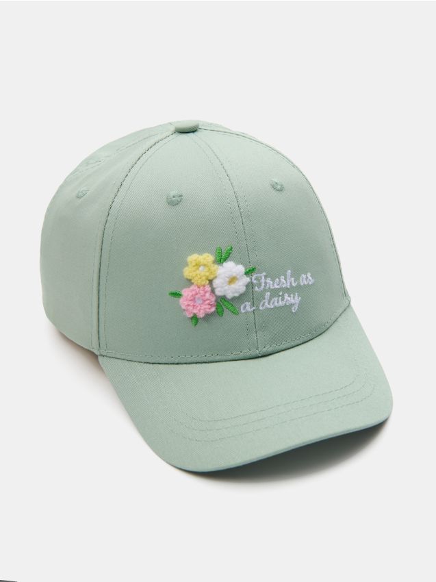 Sinsay - Șapcă cu cozoroc și inscripție brodată Fresh as a daisy - turcoaz-pal