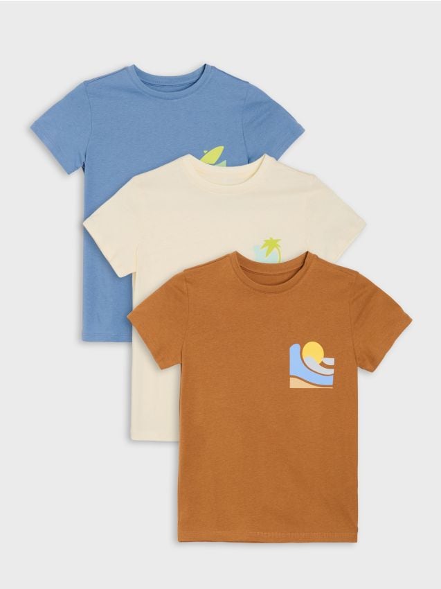 Sinsay - Tricouri din bumbac cu imprimeu de vacanță 3 pack - crem