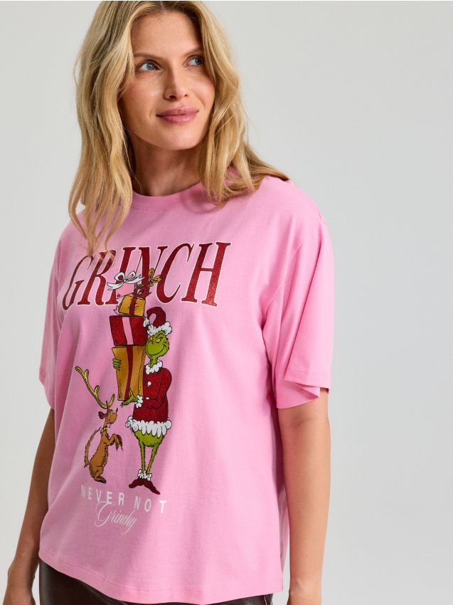 Sinsay - Tricou din bumbac cu mânecă scurtă Grinch - roz