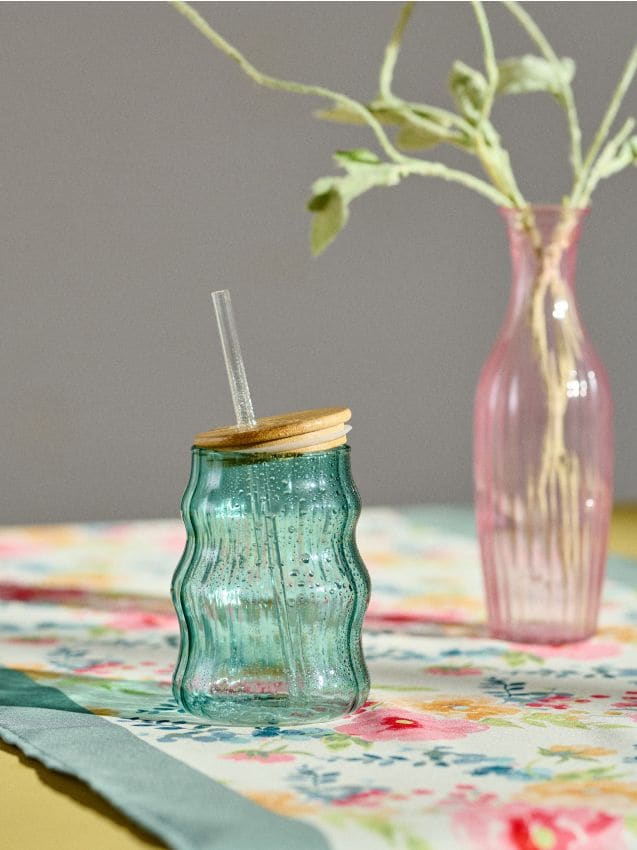 Sinsay - Pahar striat cu capac și pai - turcoaz-deschis