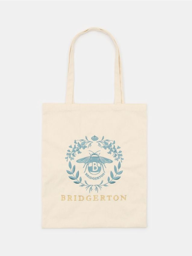 Sinsay - Materiałowa torba shopper z nadrukiem Bridgerton - kremowy