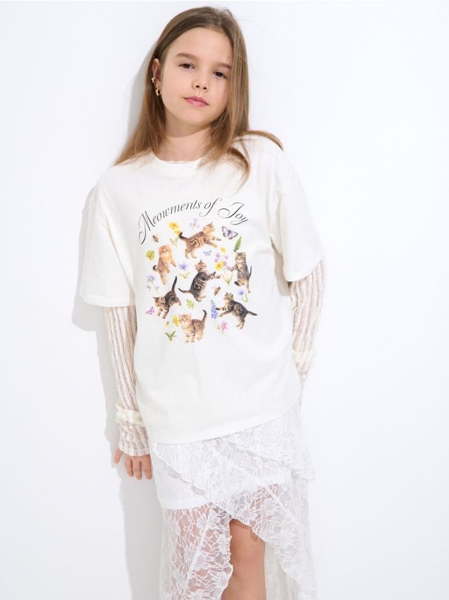 Sinsay - Tricou din bumbac cu imprimeu - crem