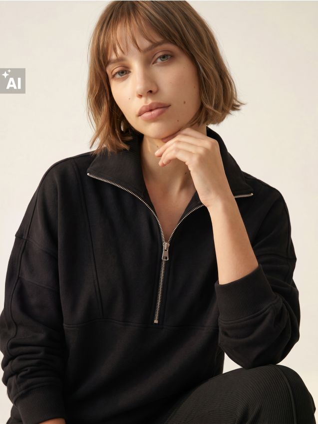 Sinsay - Bluză half-zip din bumbac - negru