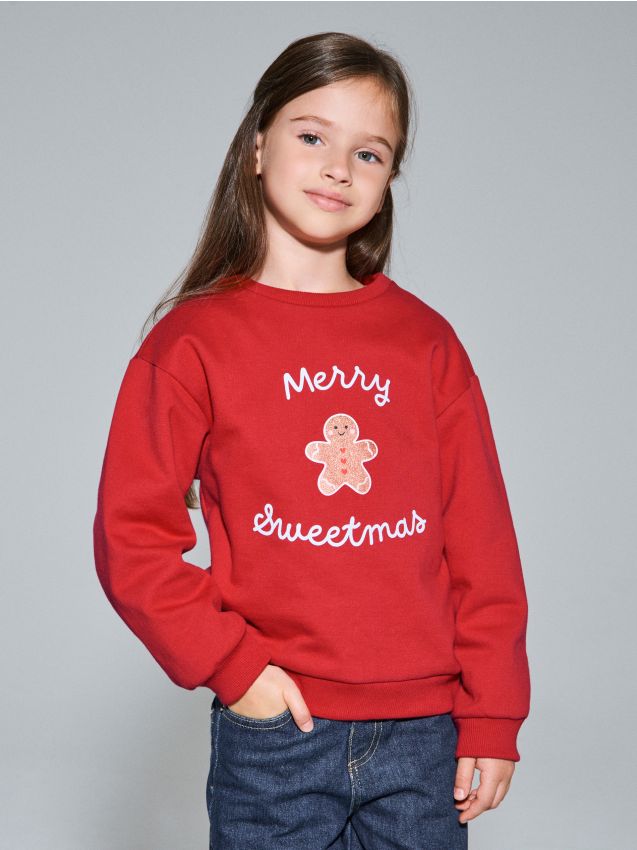 Sinsay - Vianočná mikina s perníčkom a nápisom „Merry Sweetmas“ - červená