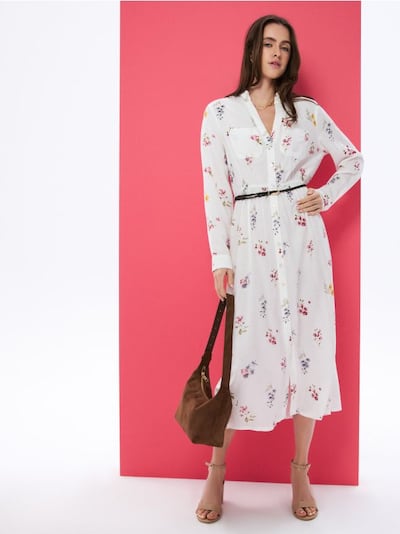 Viskoosist särgimudeliga midi kleit lina segu ja lillemustriga