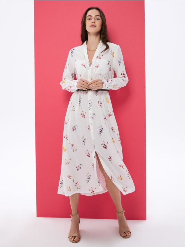 Sinsay - Rochie midi tip cămașă cu vâscoză și amestec de in cu imprimeu floral - multicolor