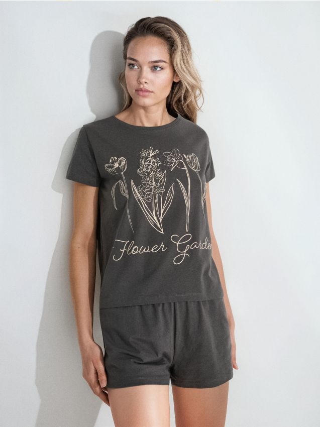 Sinsay - Pijama din bumbac în două piese cu imprimeu - gri-închis