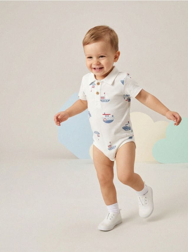 Sinsay - Body Polo din Bumbac cu Imprimeu cu Bărci - crem