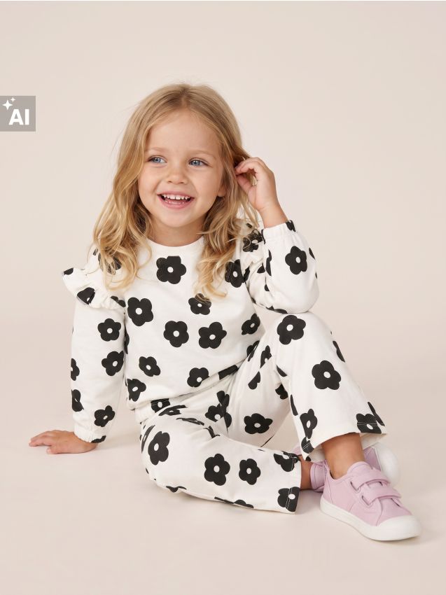 Sinsay - Set din bumbac: bluză și pantaloni cu motiv floral - crem