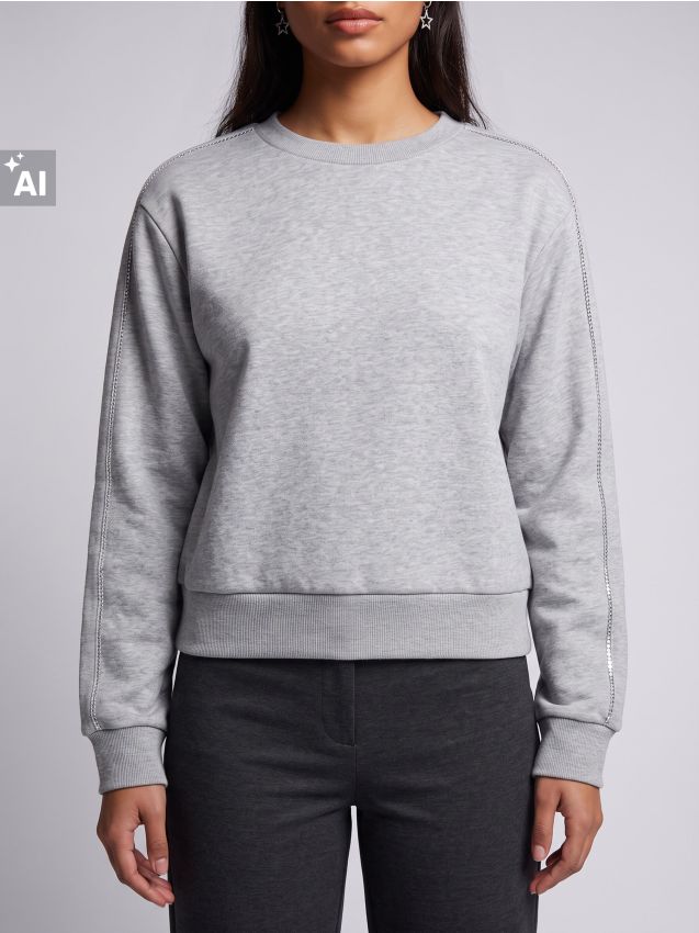 Sinsay - Crewneck mikina s ozdobnými kryštálikmi - svetlošedá