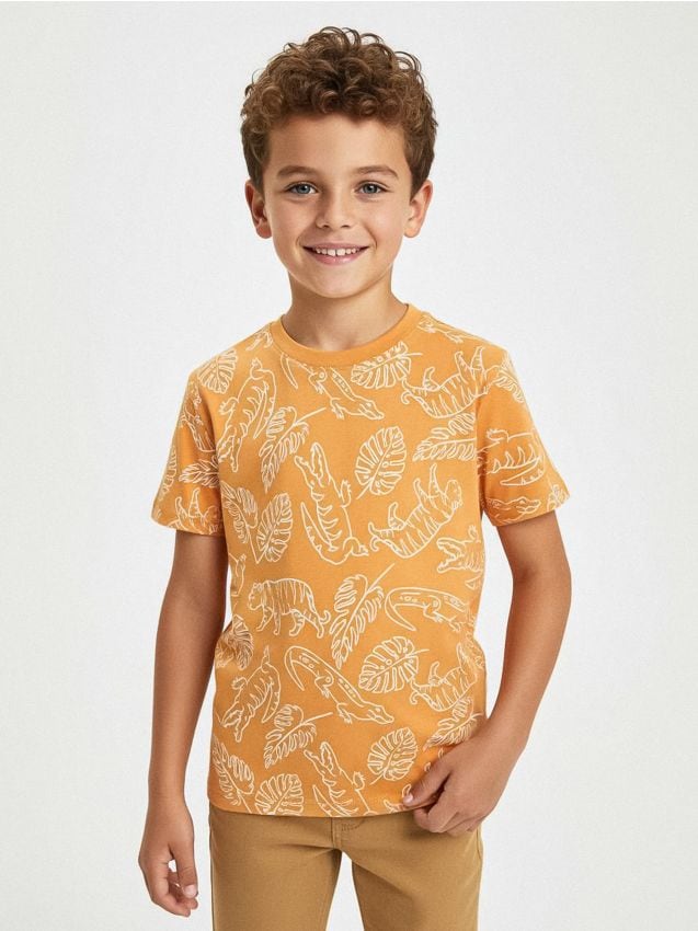 Sinsay - Tričko s krátkym rukávom a ozdobným výstrihom - broskyňová