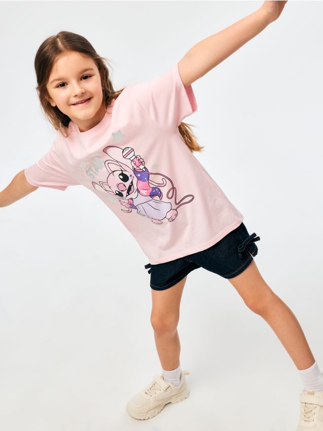 Sinsay - Tricou din bumbac cu imprimeu Stitch - roz-pastel