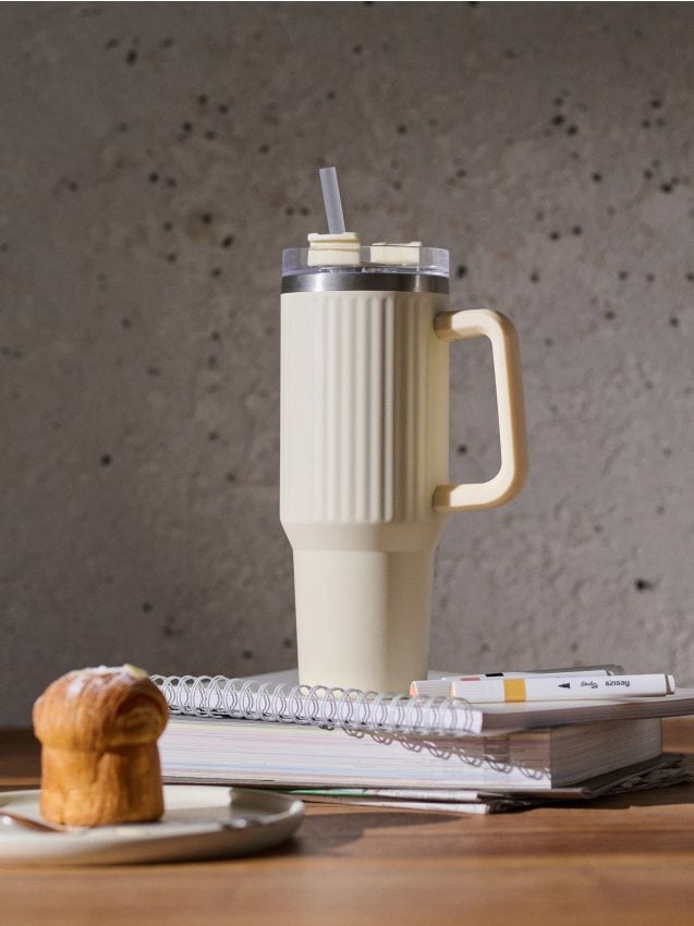 Sinsay - Cană termică cu mâner și pai - crem