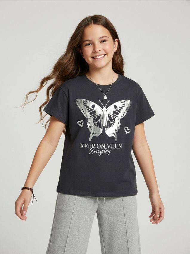 Sinsay - Tricou din bumbac cu imprimeu - negru-antracit