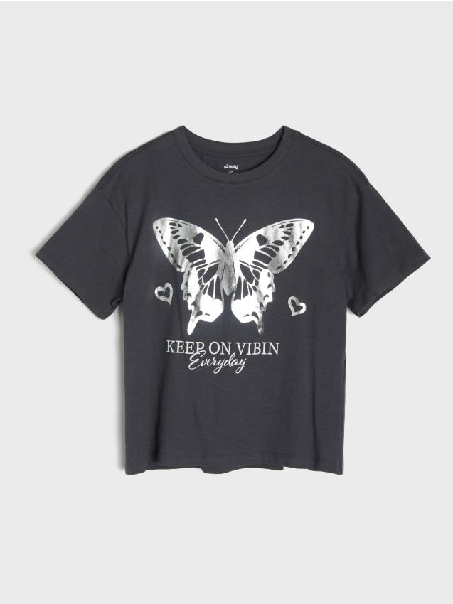 Sinsay - Bawełniana koszulka z połyskującym nadrukiem - szary