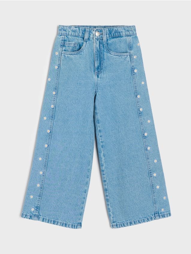 Sinsay - Jeansy wide leg z haftowanymi kwiatkami - granatowy