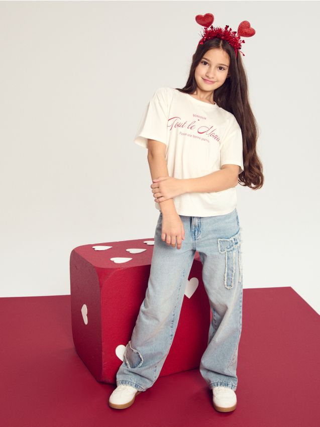 Sinsay - Tricou din bumbac cu inscripție - crem