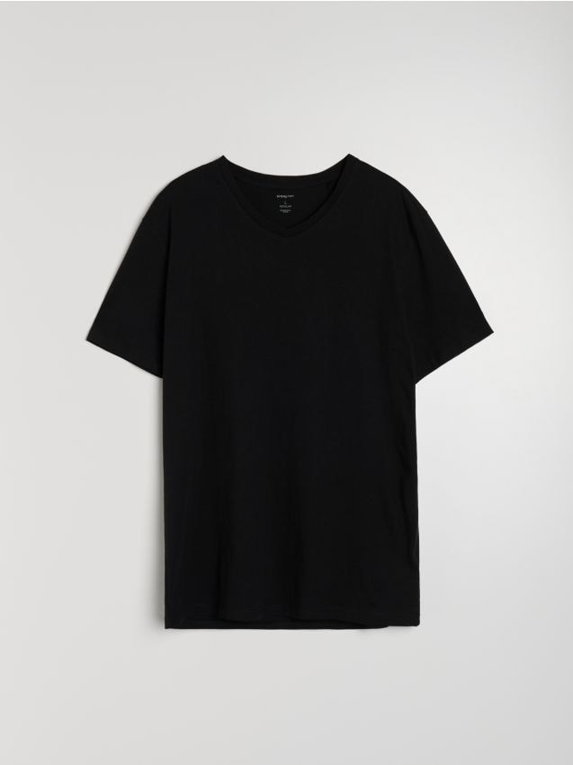 Sinsay - Bawełniana koszulka basic z dekoltem V - czarny