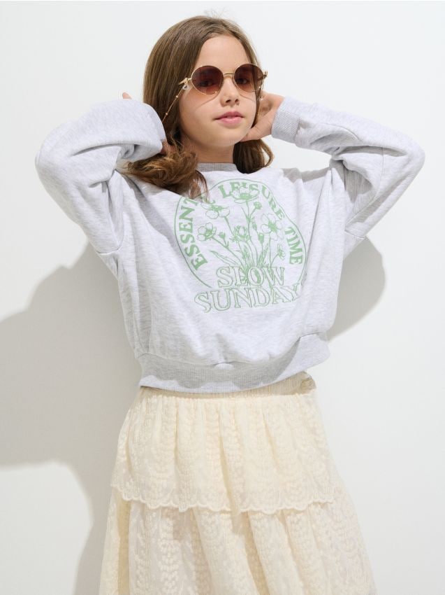 Sinsay - Bluză crewneck cu imprimeu - gri deschis