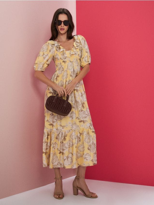 Sinsay - Rochie midi cu mâneci bufante și drapaj - multicolor