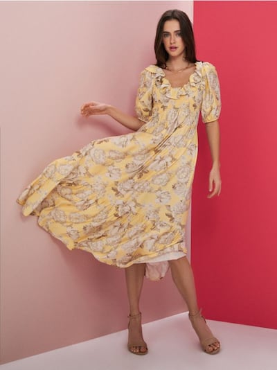 Міді сукня з об’ємними рукавами та зборками