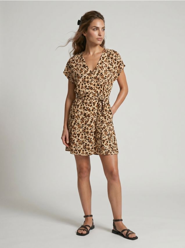 Sinsay - Rochie mini din viscoză cu curea cu imprimeu leopard - multicolor