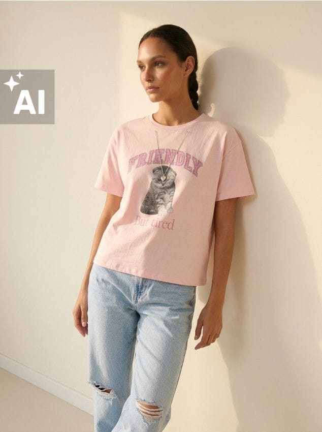 Sinsay - Tricou cu imprimeu cu pisică și lănțișor decorativ - roz