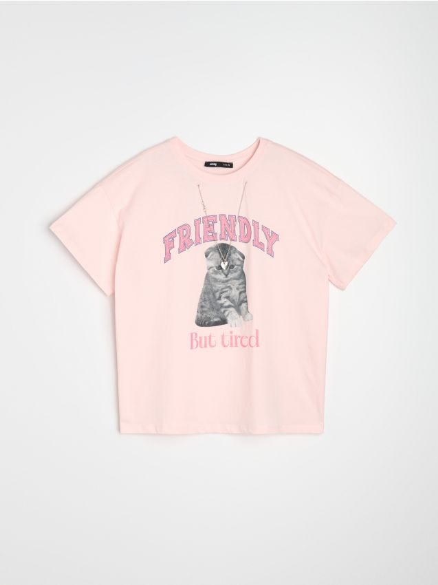 Sinsay - Tricou cu imprimeu cu pisică și lănțișor decorativ - roz