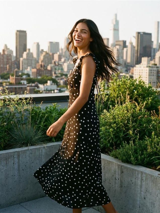 Sinsay - Sukienka midi w grochy z falbankami - czarny