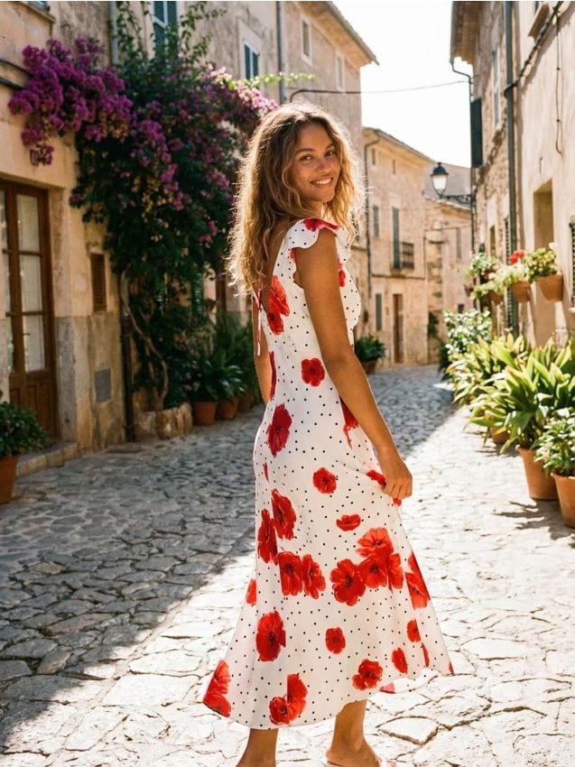 Sinsay - Rochie midi cu buline și motiv de maci - multicolor