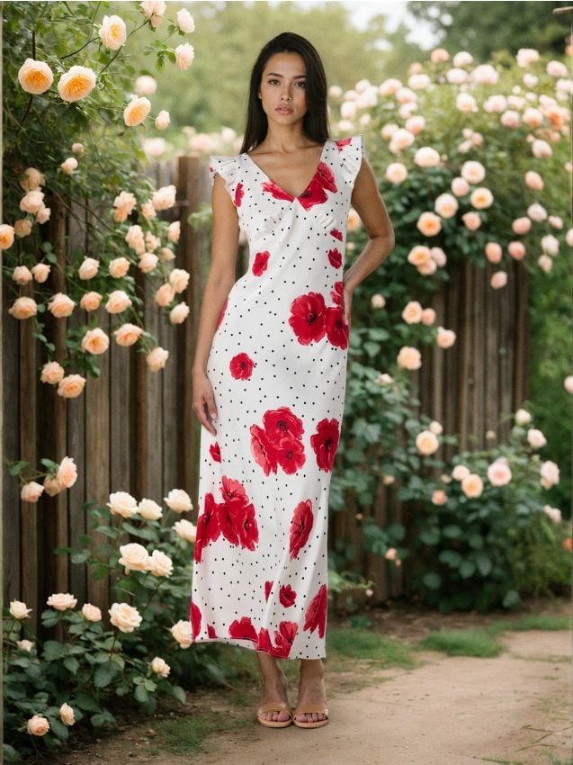 Sinsay - Sukienka midi w grochy z motywem maków - wielobarwny