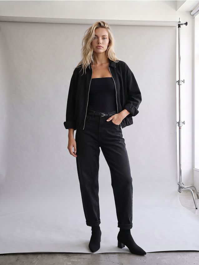 Sinsay - Jachetă bomber din denim cu guler - negru