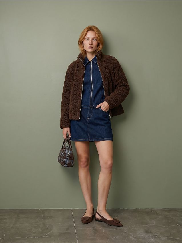 Giacca teddy con colletto alto e cerniera - marrone scuro
