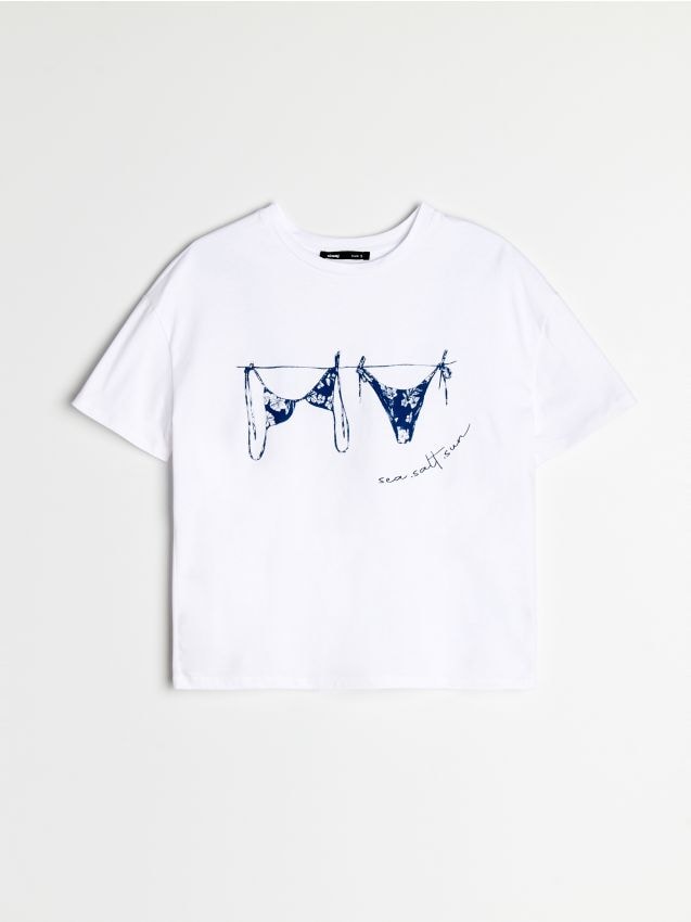 Sinsay - Tricou din bumbac cu mânecă scurtă cu imprimeu - crem