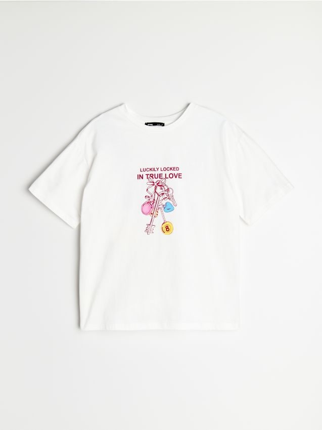 Sinsay - Tricou din bumbac cu mânecă scurtă cu imprimeu - crem