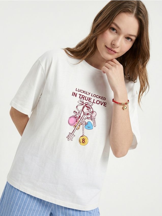 Sinsay - Tricou din bumbac cu mânecă scurtă cu imprimeu - crem