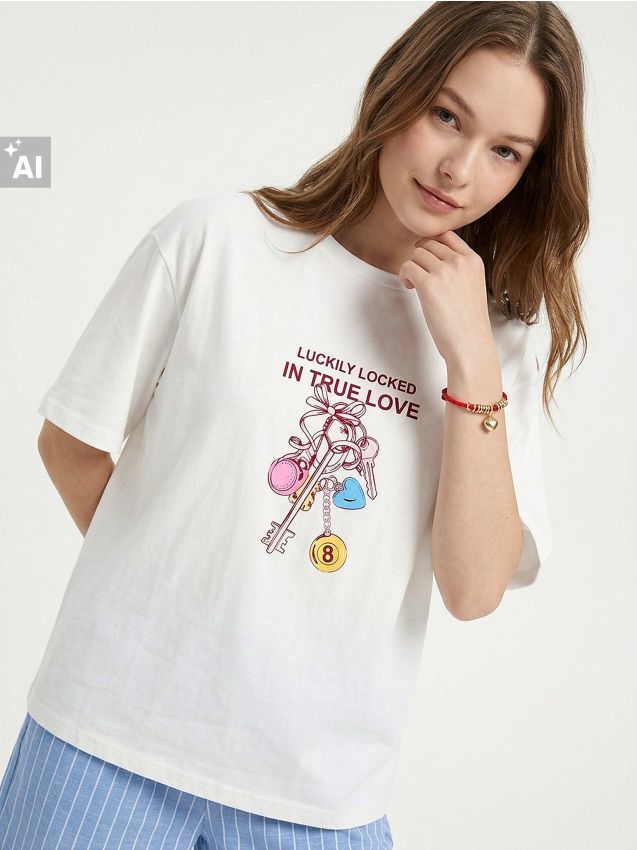 Sinsay - Tricou din bumbac cu mânecă scurtă cu imprimeu - crem