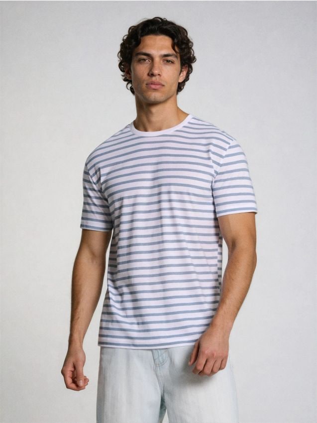 Sinsay - Tricou din bumbac în dungi - light blue