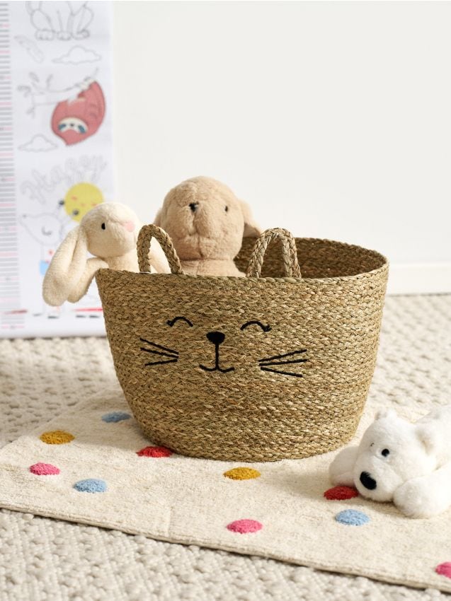 Sinsay - Coș împletit pentru depozitare cu mânere și motiv pisică - bej