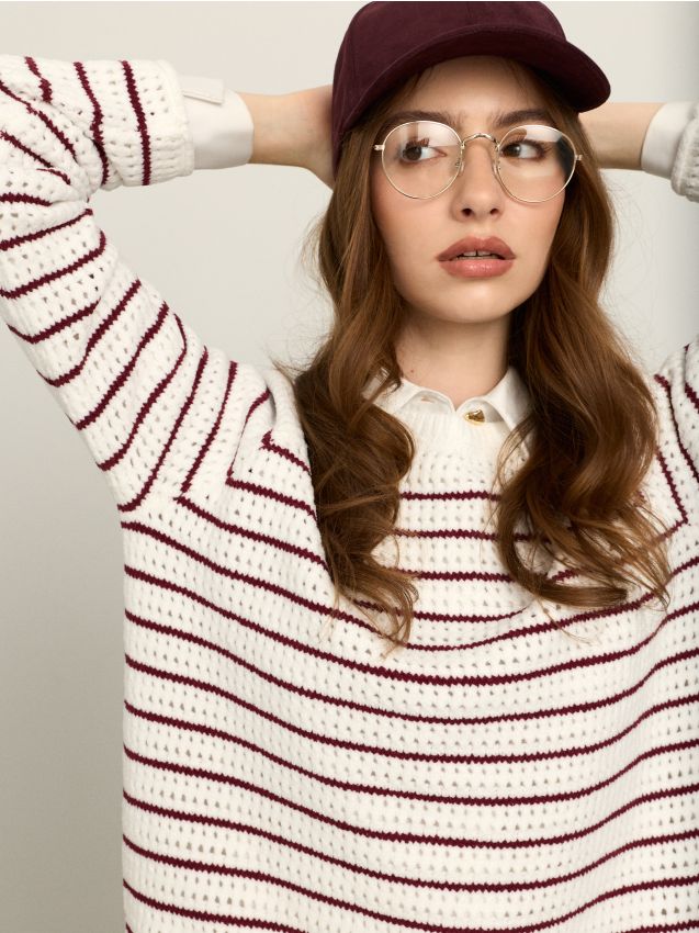 Sinsay - Pulover în dungi cu tricot ajurat - crem