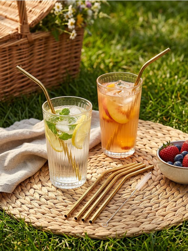 Sinsay - Set de 6 paie de băut metalice, cu perie pentru curățare - auriu